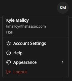 Account settings menu showing avatar dropdown with options for settings, help, appearance, and logout (dark mode)